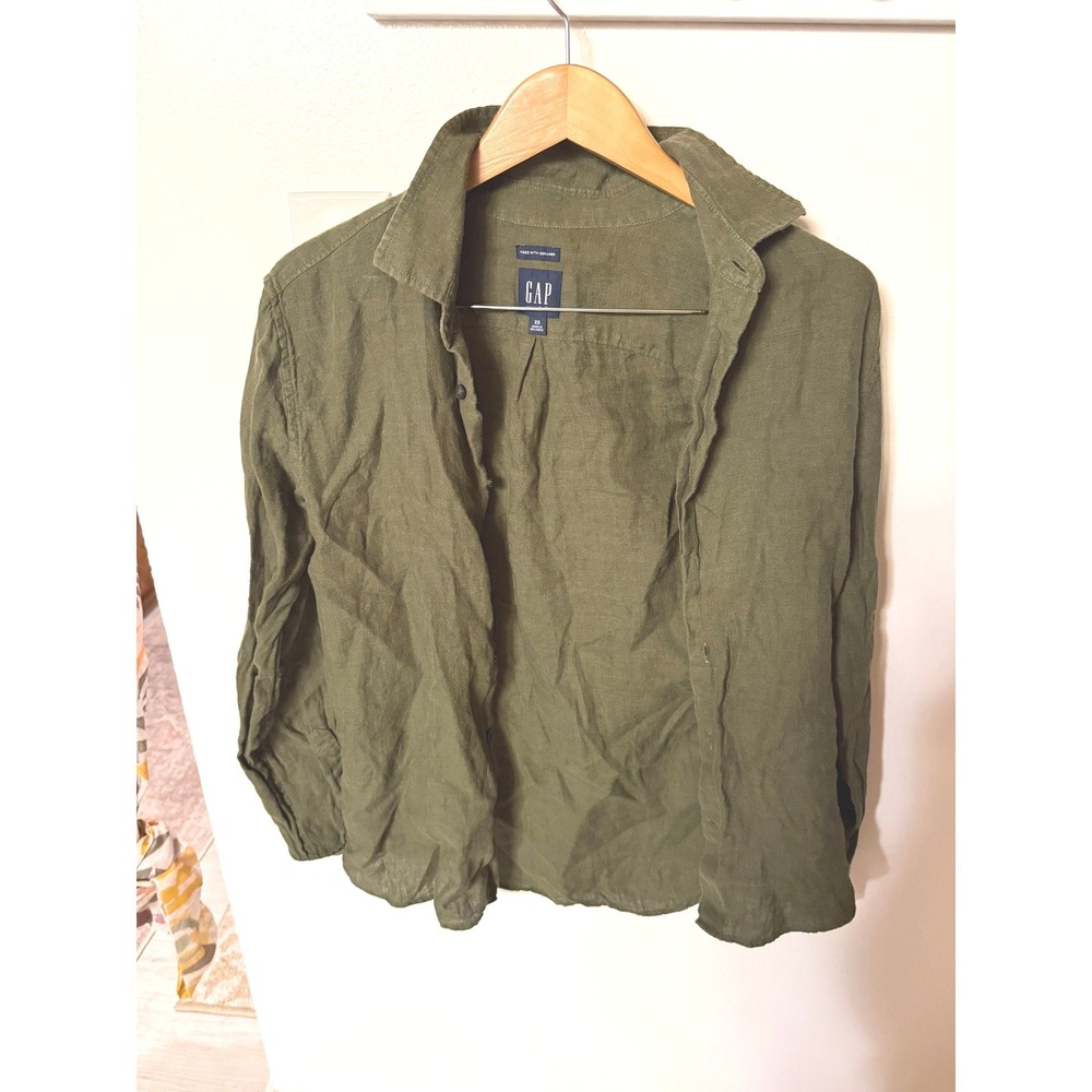 GAP all linen olive fall quality fabric sustainable layering XS boxy loose fit